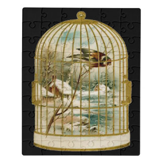 Bird Cabin in Snow By Stream in Birdcage Black Jigsaw Puzzle