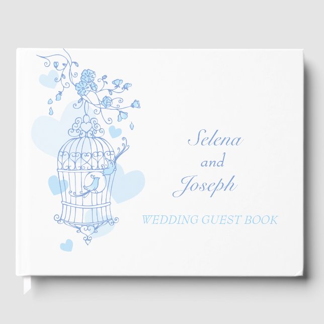Bird cage blue hearts wedding guest book (Front)