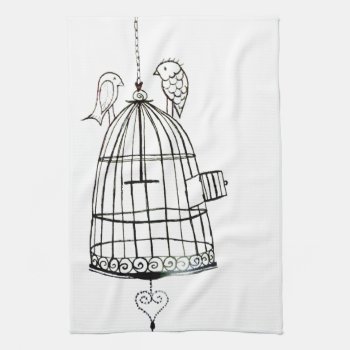 Bird Cage Drawing Kitchen Towel by thatcrazyredhead at Zazzle