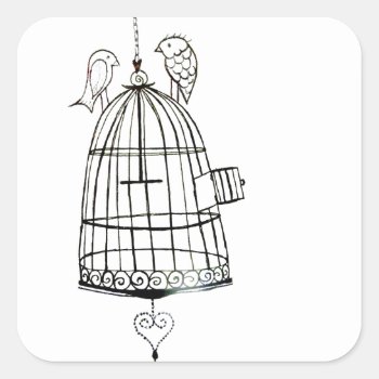 Bird Cage Drawing Square Sticker by thatcrazyredhead at Zazzle