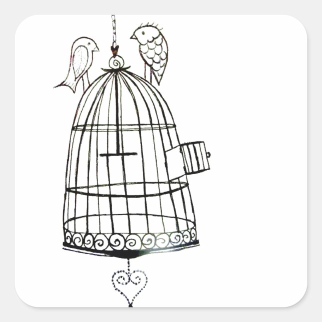 bird cage drawing square sticker (Front)