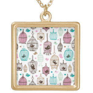 bird cage love kids background pattern gold plated necklace