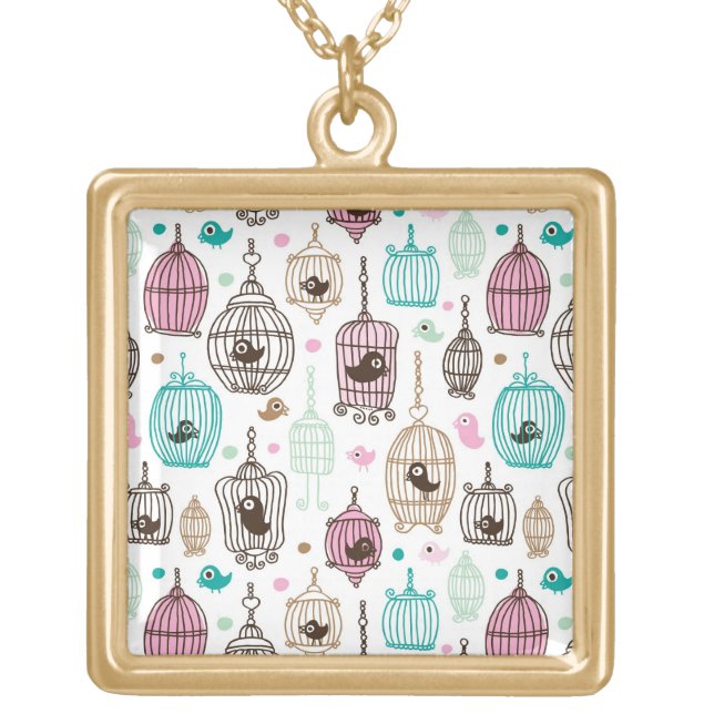 bird cage love kids background pattern gold plated necklace (Front)