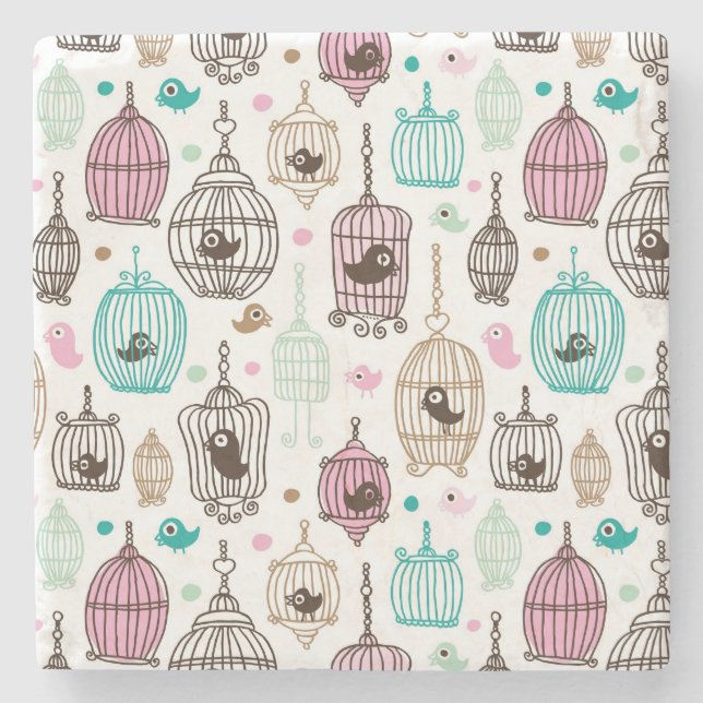 bird cage love kids background pattern stone coaster (Front)