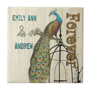 Bird Cage Peacock Wood Grain Forever Anniversary Ceramic Tile