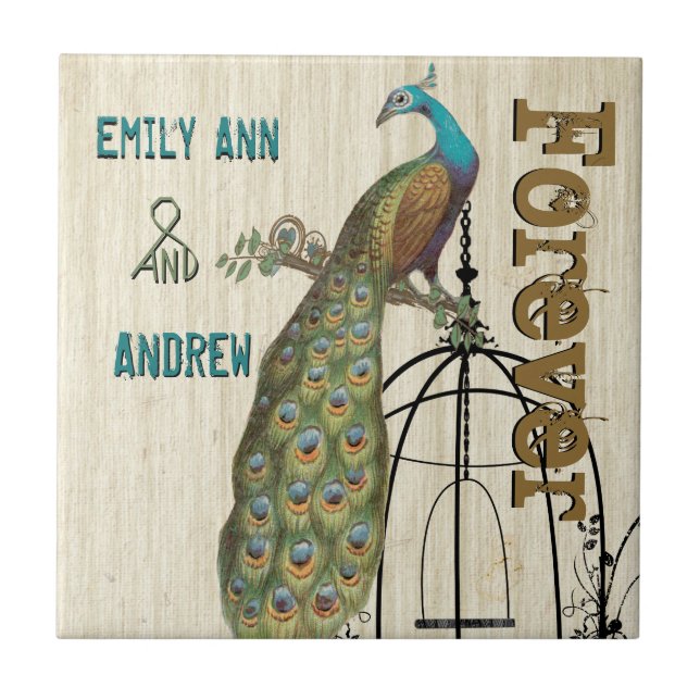 Bird Cage Peacock Wood Grain Forever Anniversary Ceramic Tile (Front)