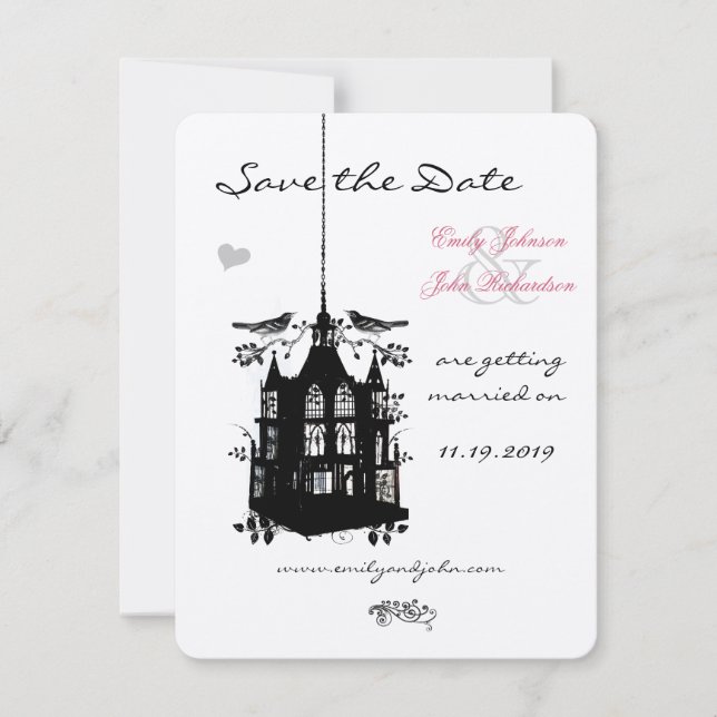 Bird Cage Pink & Black Wedding Save the Date (Front)