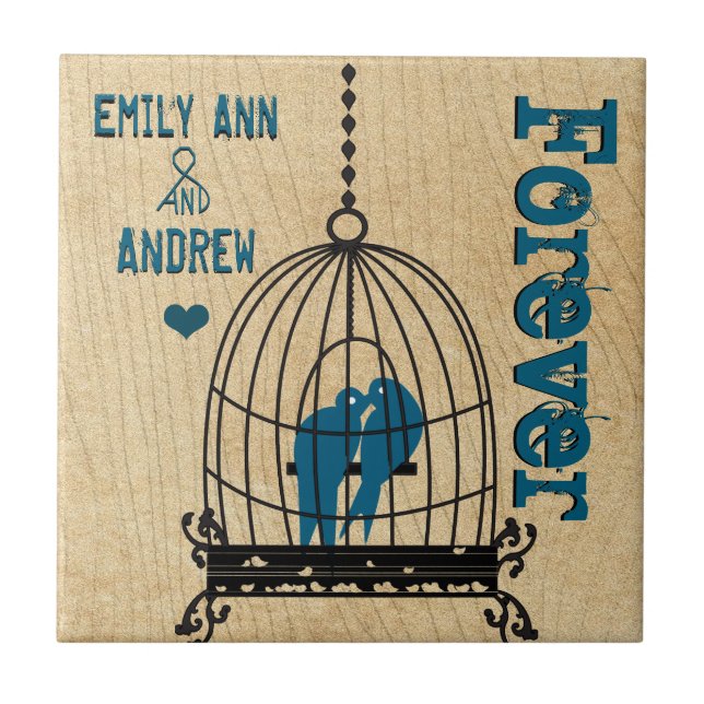 Bird Cage Wood Grain Tree Forever Anniversary Ceramic Tile (Front)