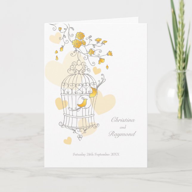 Bird cage yellow grey wedding ceremony program (Front)