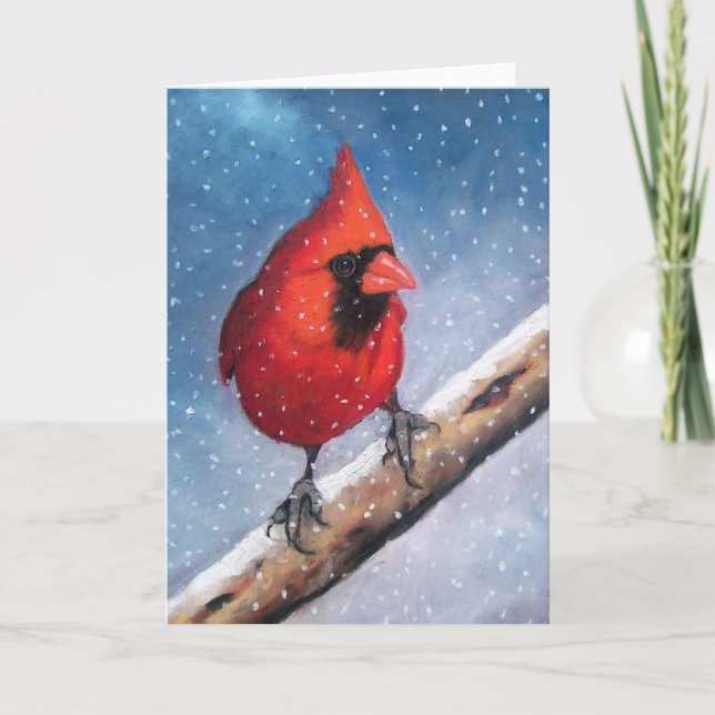 BIRD: CARDINAL: SNOW: OIL PASTEL ART HOLIDAY CARD (Front)