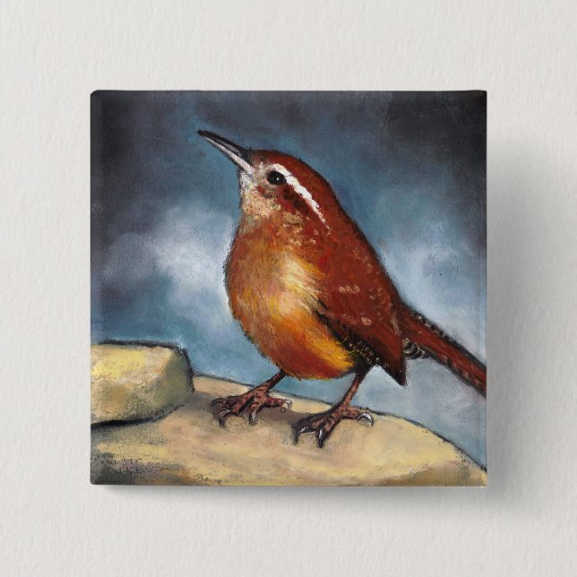 Bird: Carolina Wren in Pastel: Wildlife Art Pinback Button (Front)