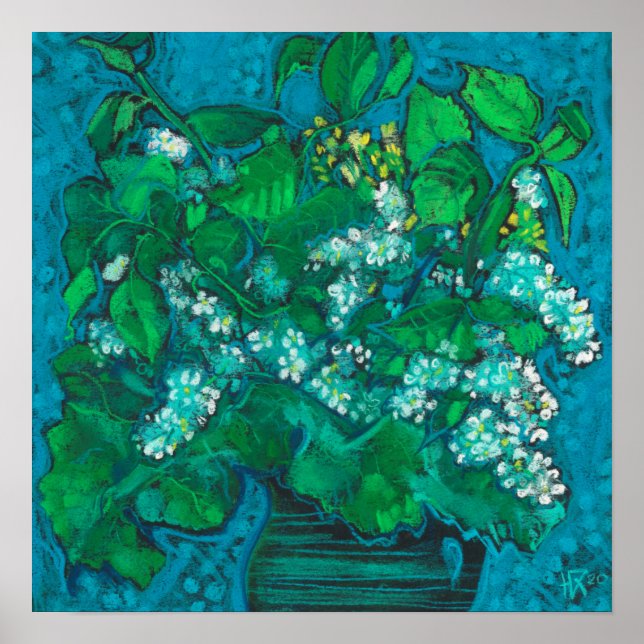 Bird Cherry Flowers Blossom Floral Pastel Painting Poster (Front)