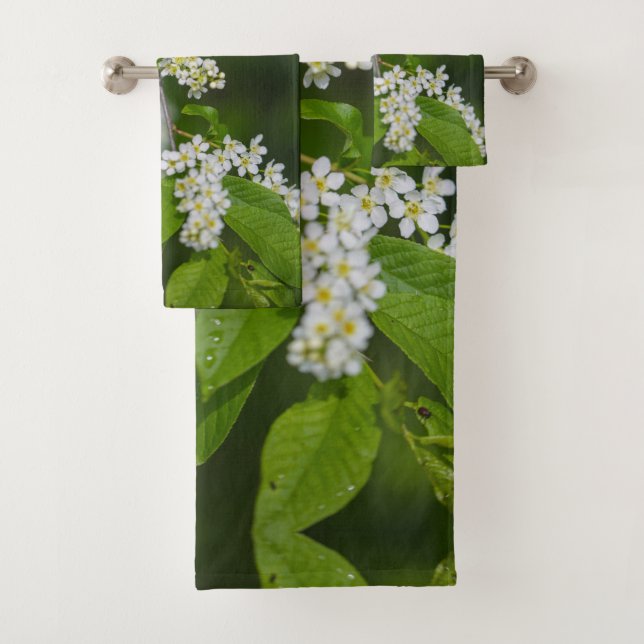 Bird Cherry Tree Blossoms Flowers Green White Bath Towel Set (Insitu)