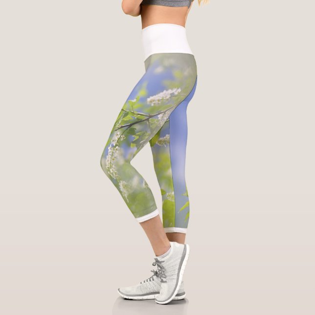 Bird Cherry Tree Blossoms Flowers Sky Capri Leggings (Left)