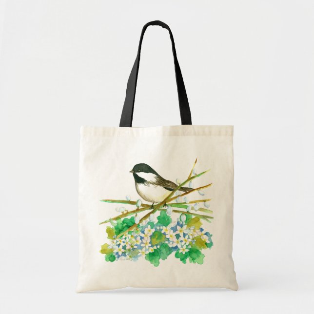 Bird Chickadee Nature Catkins Willow Branches Tote Bag (Front)