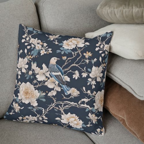 Bird Chinoiserie Navy Blue  Cream Rose Floral Throw Pillow