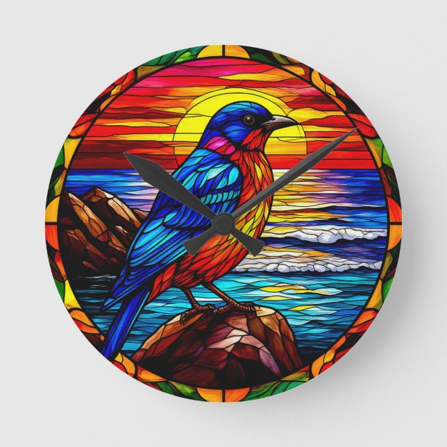 Bird Colorful Stained Glass Depiction Round Clock (Front)
