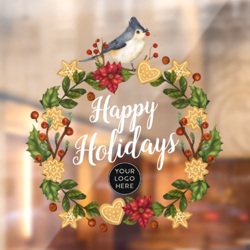 Bird Cookies Holly Business Logo Happy Holidays Wi Window Cling