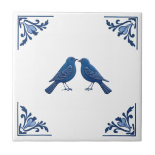 Bird Couple Delft Blue and White Floral Corners Ceramic Tile