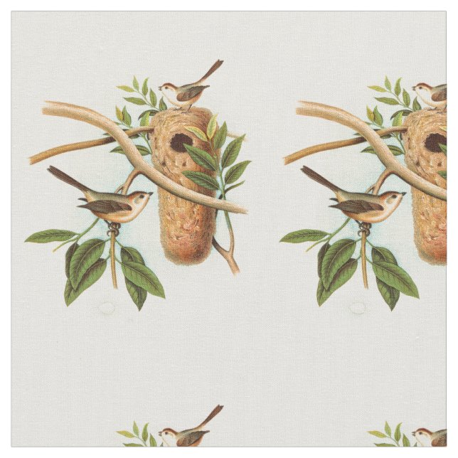 Bird Couple on a Nest Perched on a Branch Fabric (Close Up)