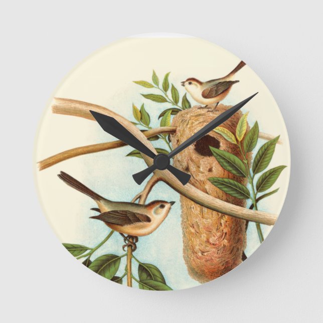 Bird Couple on a Nest Perched on a Branch Round Clock (Front)