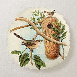 Bird Couple on a Nest Perched on a Branch Round Pillow