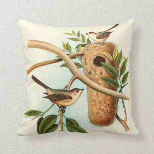 Bird Couple on a Nest Perched on a Branch Throw Pillow