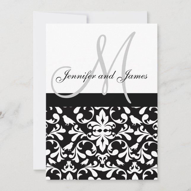 Bird Damask Wedding Invitation Names Monogram (Front)
