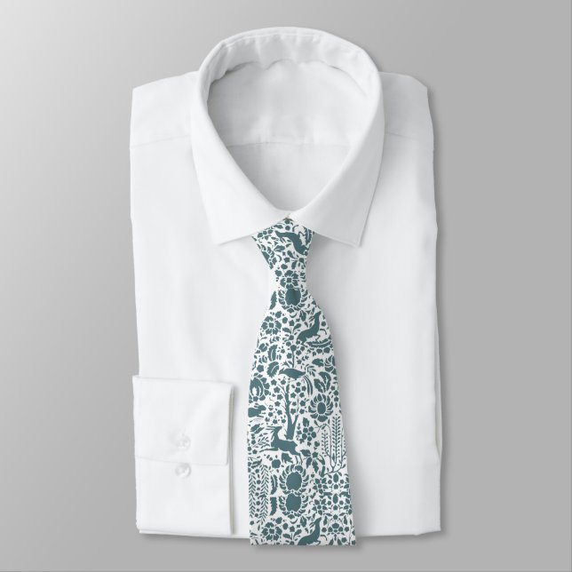 Bird, Deer, tree folk pattern Neck Tie (Tied)