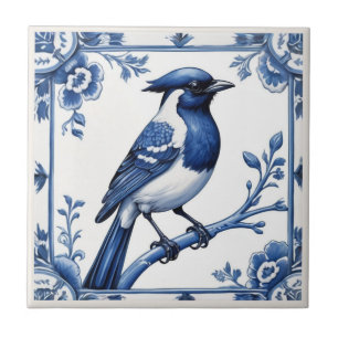 Bird Delft Blue and White Asian Floral Ceramic Tile