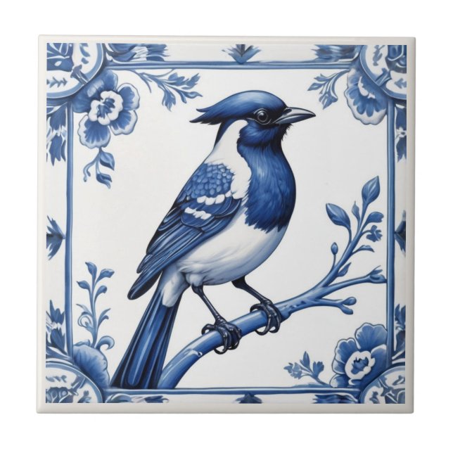 Bird Delft Blue and White Asian Floral Ceramic Tile (Front)