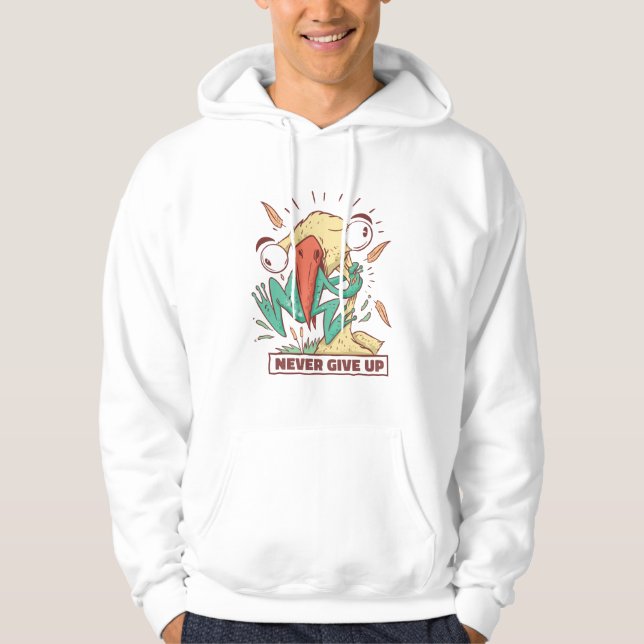 Bird eating frog Never give up Hoodie (Front)