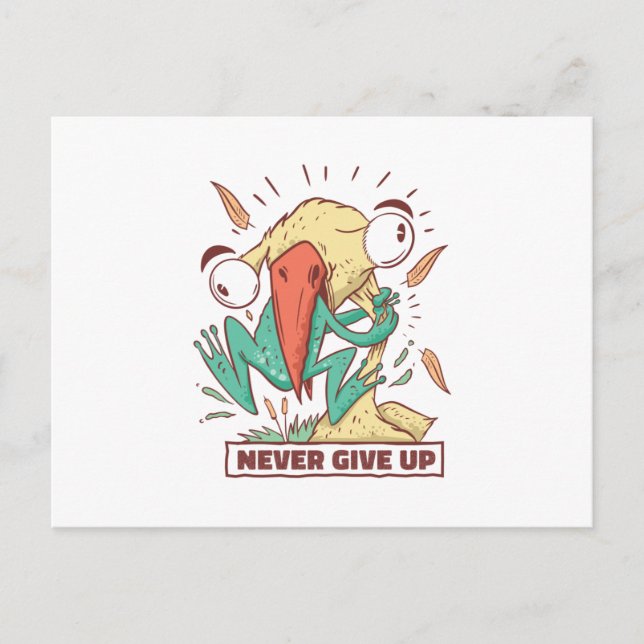 Bird eating frog Never give up Postcard (Front)
