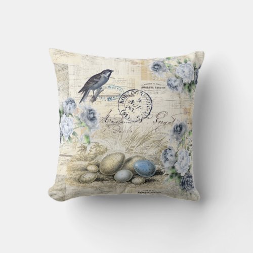 Bird Eggs Vintage Floral French Text Tissue Paper Throw Pillow