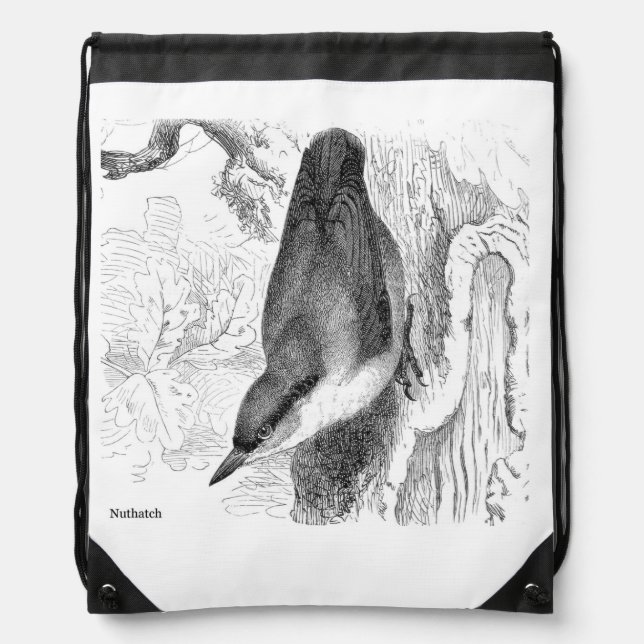 Bird Engravings  - a Nuthatch Drawstring Bag (Front)
