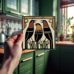 Bird Family Mackintosh Art Deco Nouveau Wall Decor Ceramic Tile