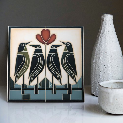 Bird Family Mackintosh Art Deco Nouveau Wall Decor Ceramic Tile
