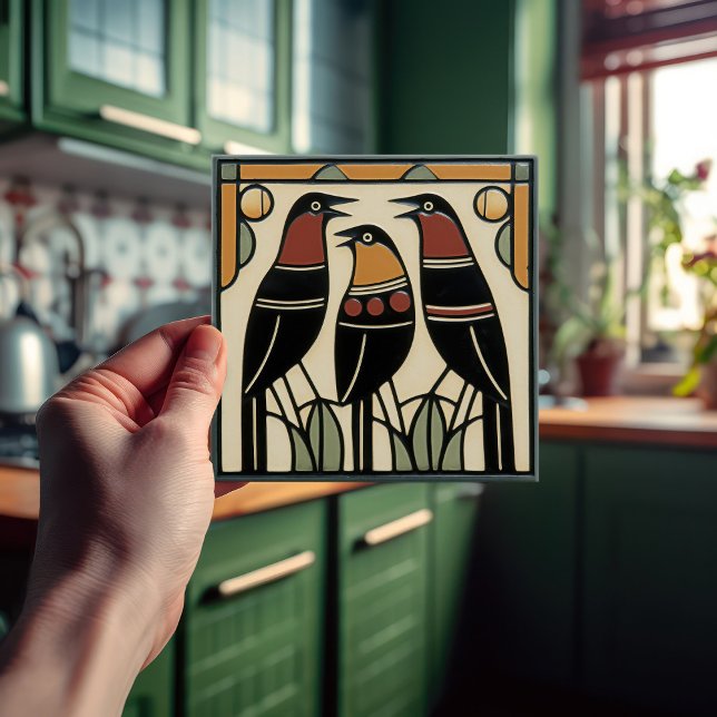 Bird Family Mackintosh Art Deco Nouveau Wall Decor Ceramic Tile (Creator Uploaded)