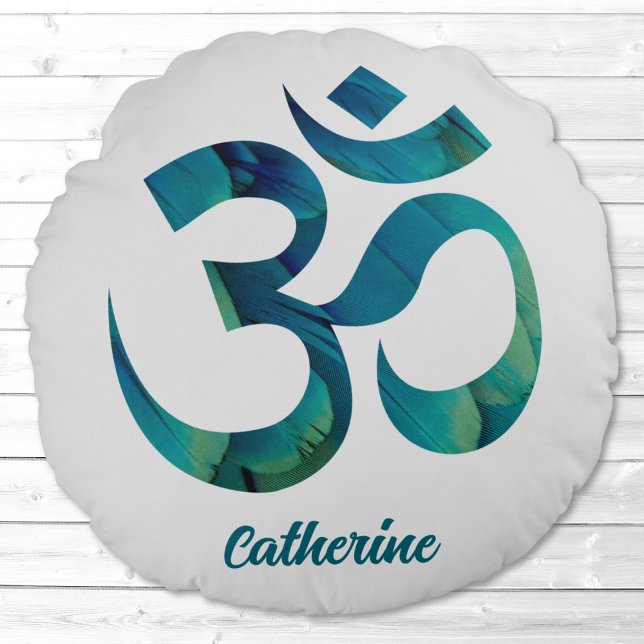 Bird Feathers Pattern Om Symbol Meditation Yoga Round Pillow (Creator Uploaded)