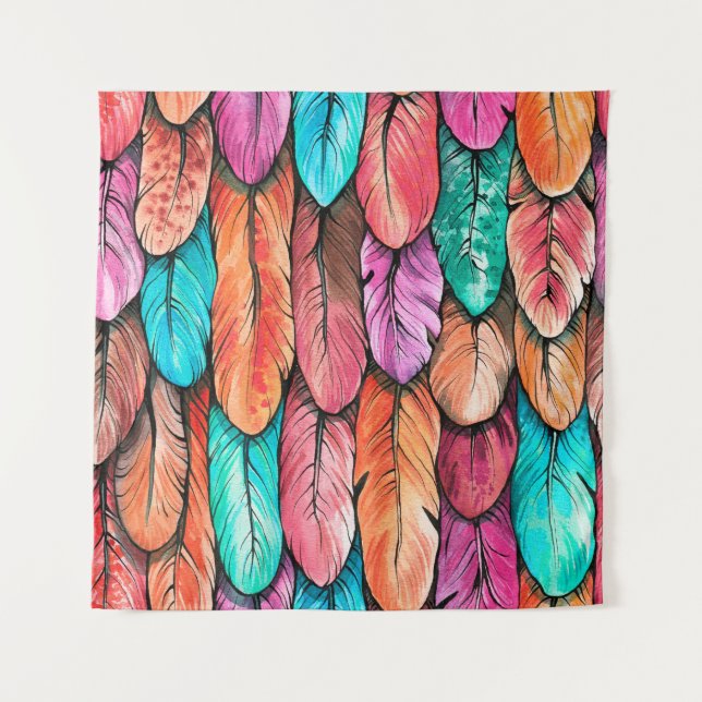 Bird feathers seamless pattern. Hand drawing water Tapestry (Front)