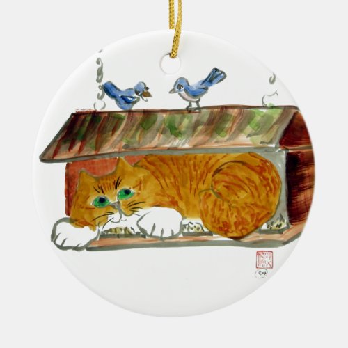 Bird Feeder and Orange Tiger Cat Ceramic Ornament