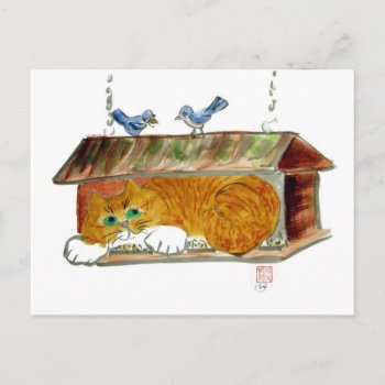 Bird Feeder And Orange Tiger Cat Postcard by Nine_Lives_Studio at Zazzle