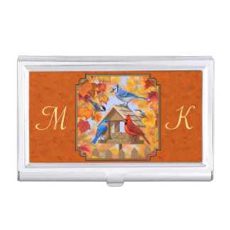 Bird Feeder Gathering Autumn Orange Business Card Holder
