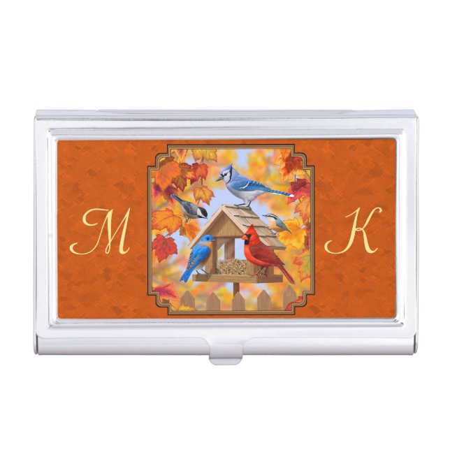 Bird Feeder Gathering Autumn Orange Business Card Holder (Front)