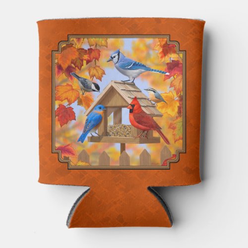 Bird Feeder Gathering Autumn Orange Can Cooler