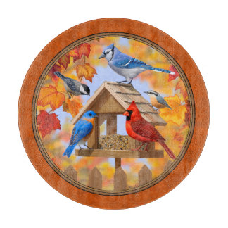 Bird Feeder Gathering Autumn Orange Cutting Board