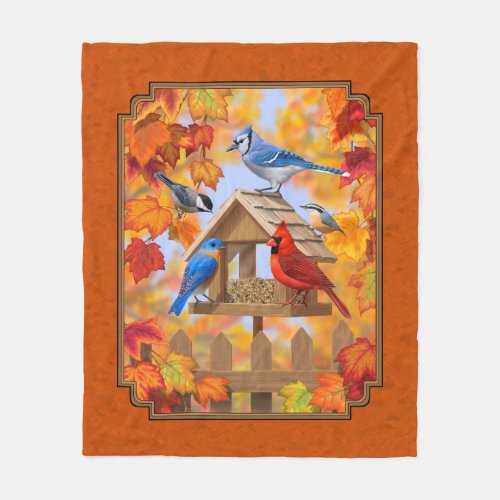 Bird Feeder Gathering Autumn Orange Fleece Blanket