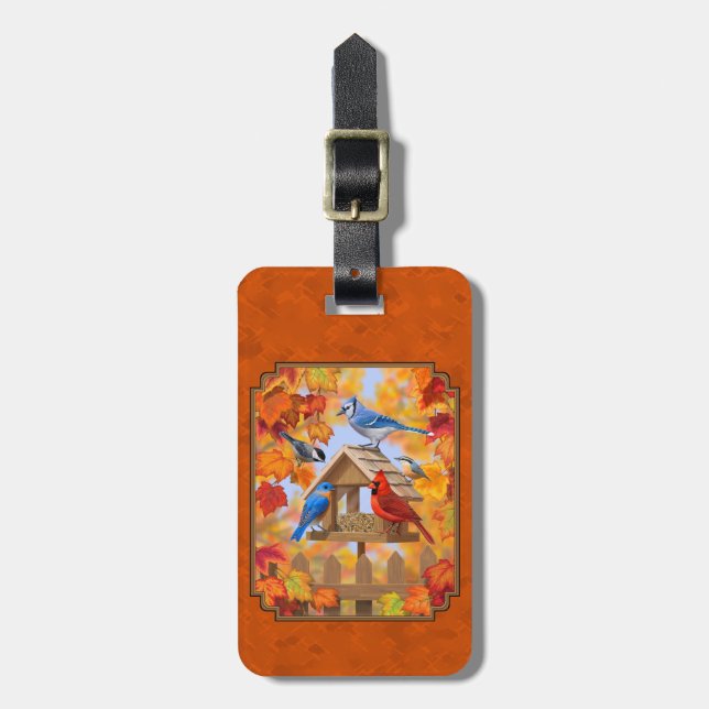 Bird Feeder Gathering Autumn Orange Luggage Tag (Front Vertical)