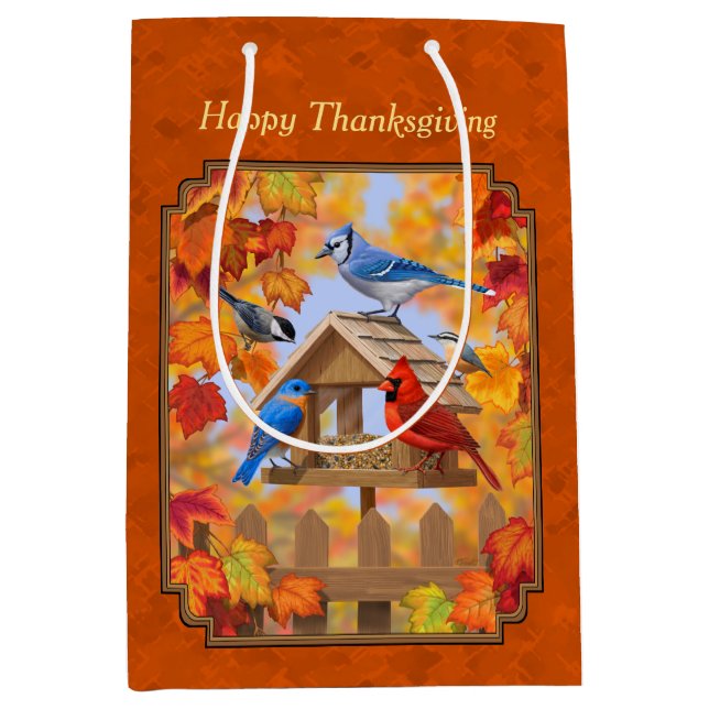 Bird Feeder Gathering Autumn Orange Medium Gift Bag (Front)