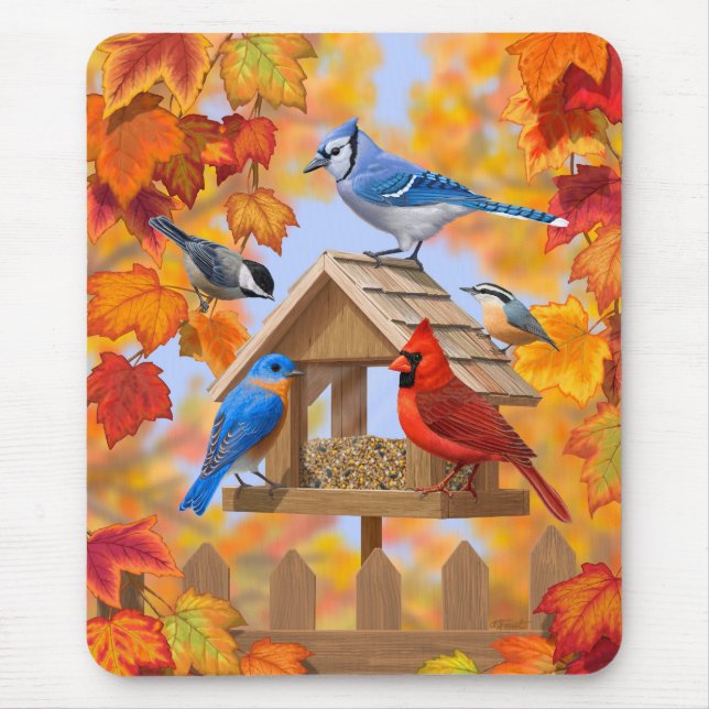 Bird Feeder Gathering Autumn Orange Mouse Pad (Front)